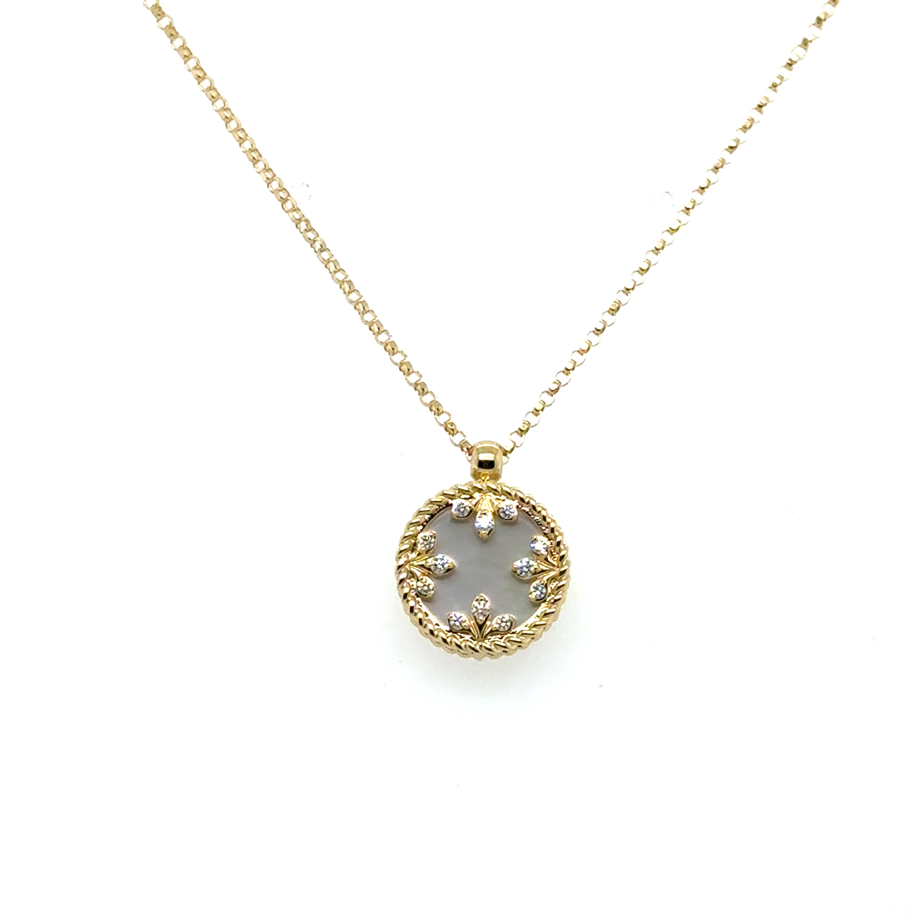 18K Yellow Gold Circle Diamond And Mother OF Pearl Pendant
