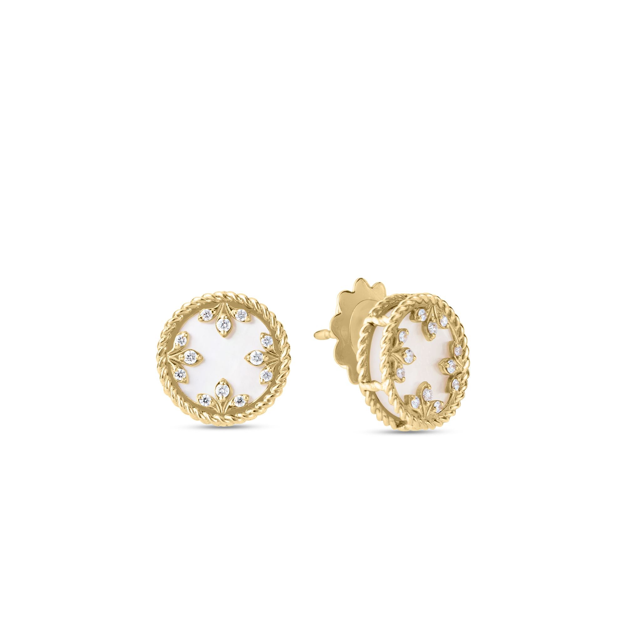 18K Yellow Gold Button Diamond And MOP Earrings