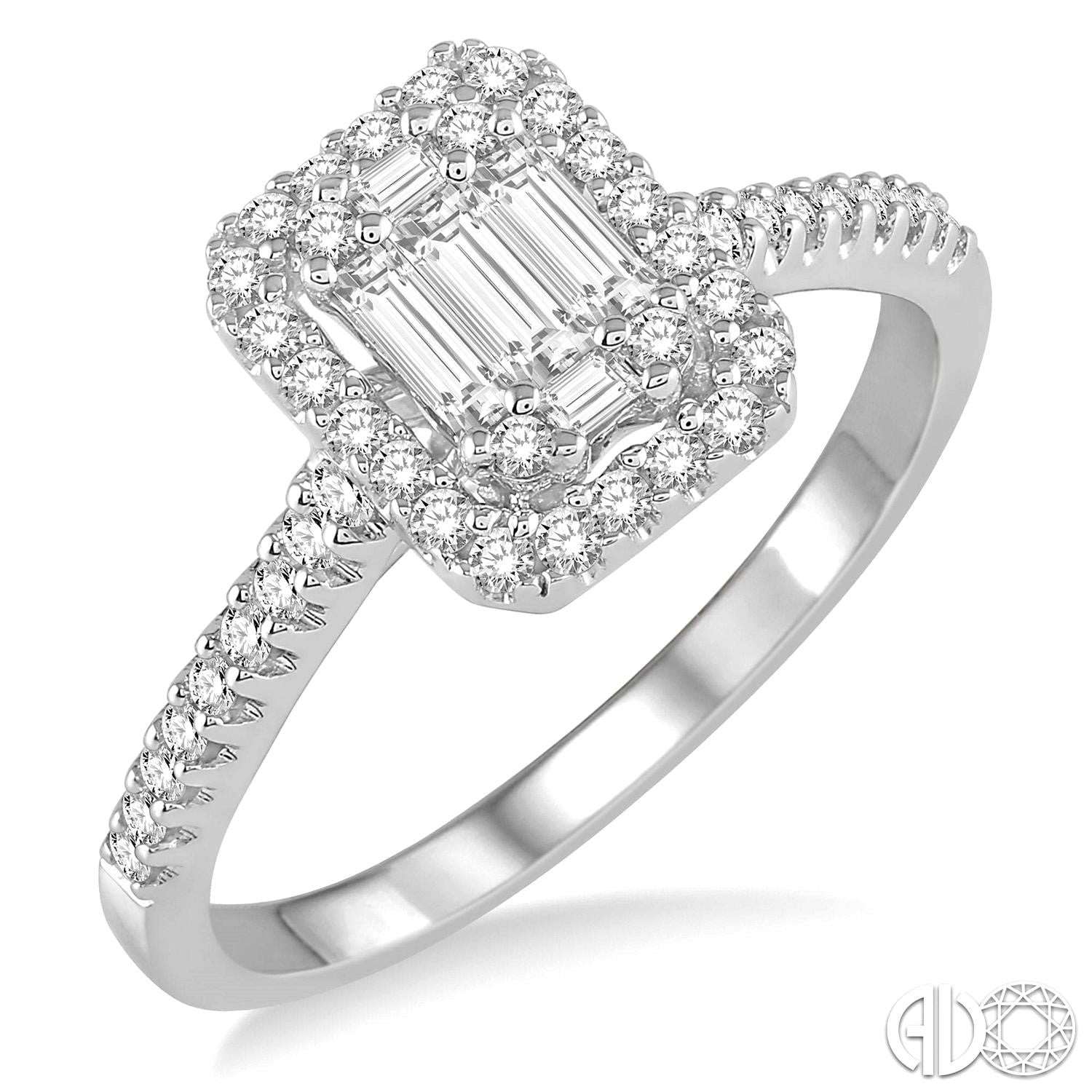 14k White Gold Halo Baguette Diamond Engagement Ring