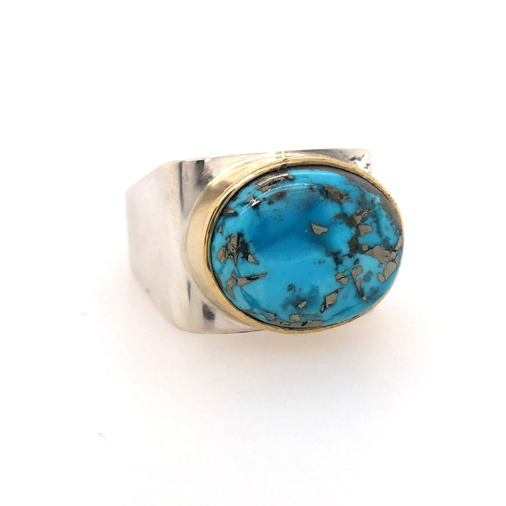 Sterling Silver And 18K Yellow Gold Turquoise Ring