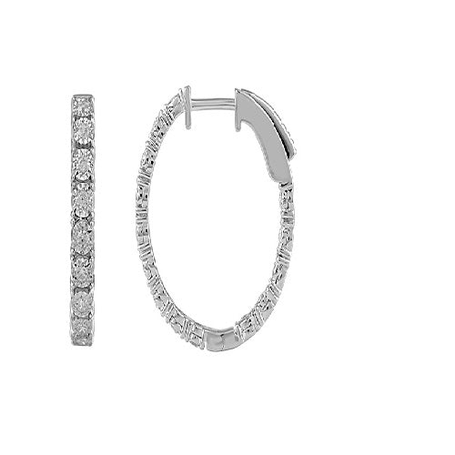 14k White Gold Oval Hoop Diamond Earrings