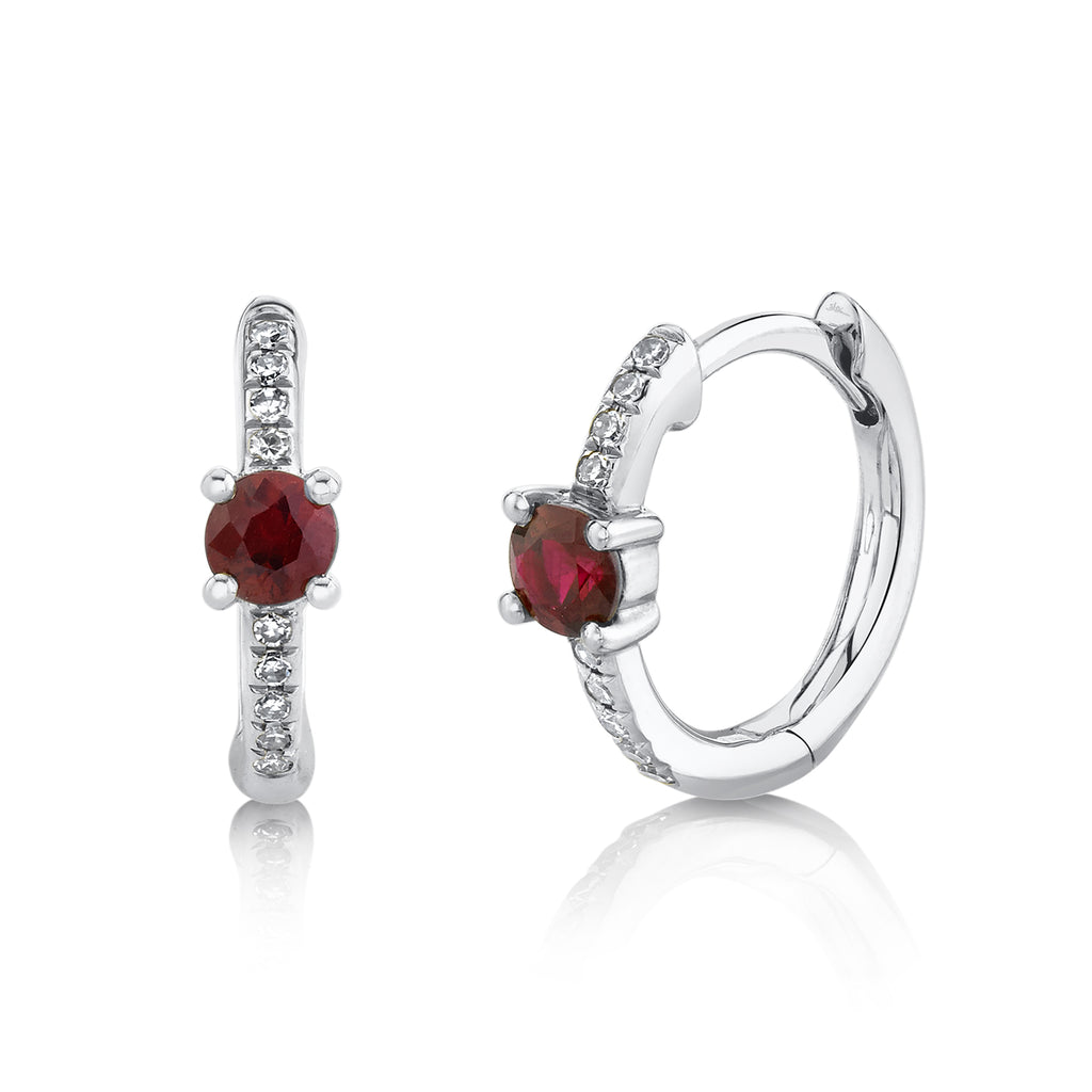 14k White Gold Rubies Small Hoop Earrings