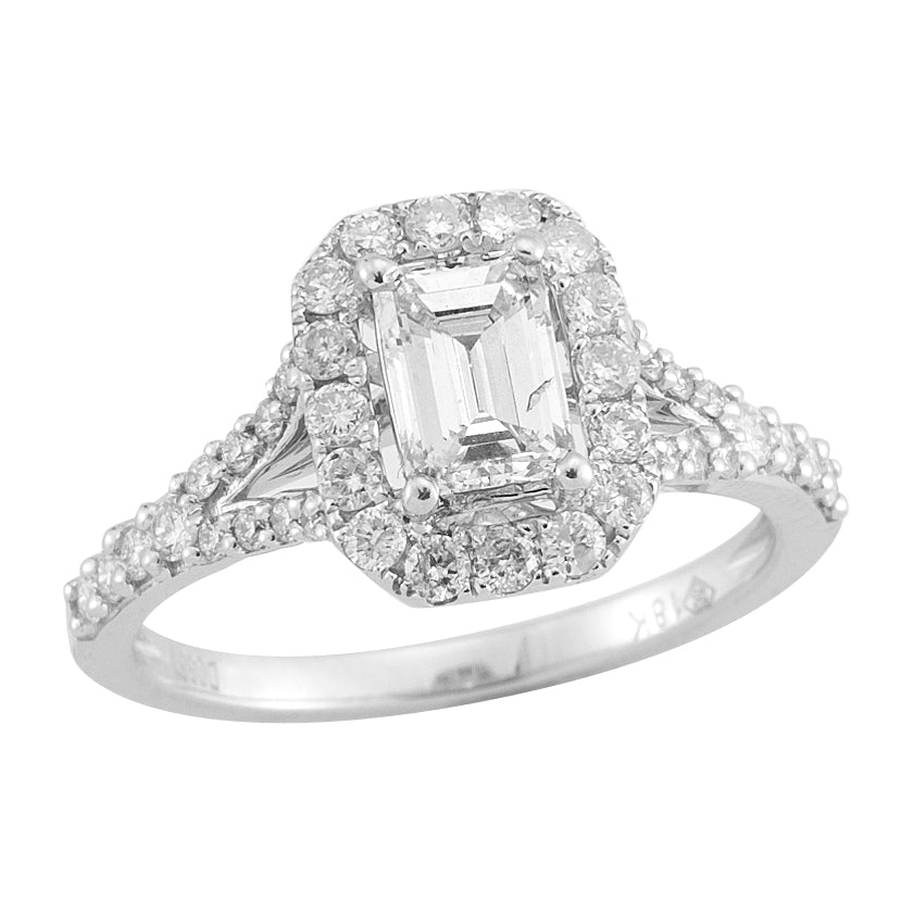 14k White Gold Halo Emerald Cut Lakeshore Diamond Engagement Ring
