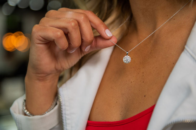 Model Wearing a Diamond Pendant Necklace