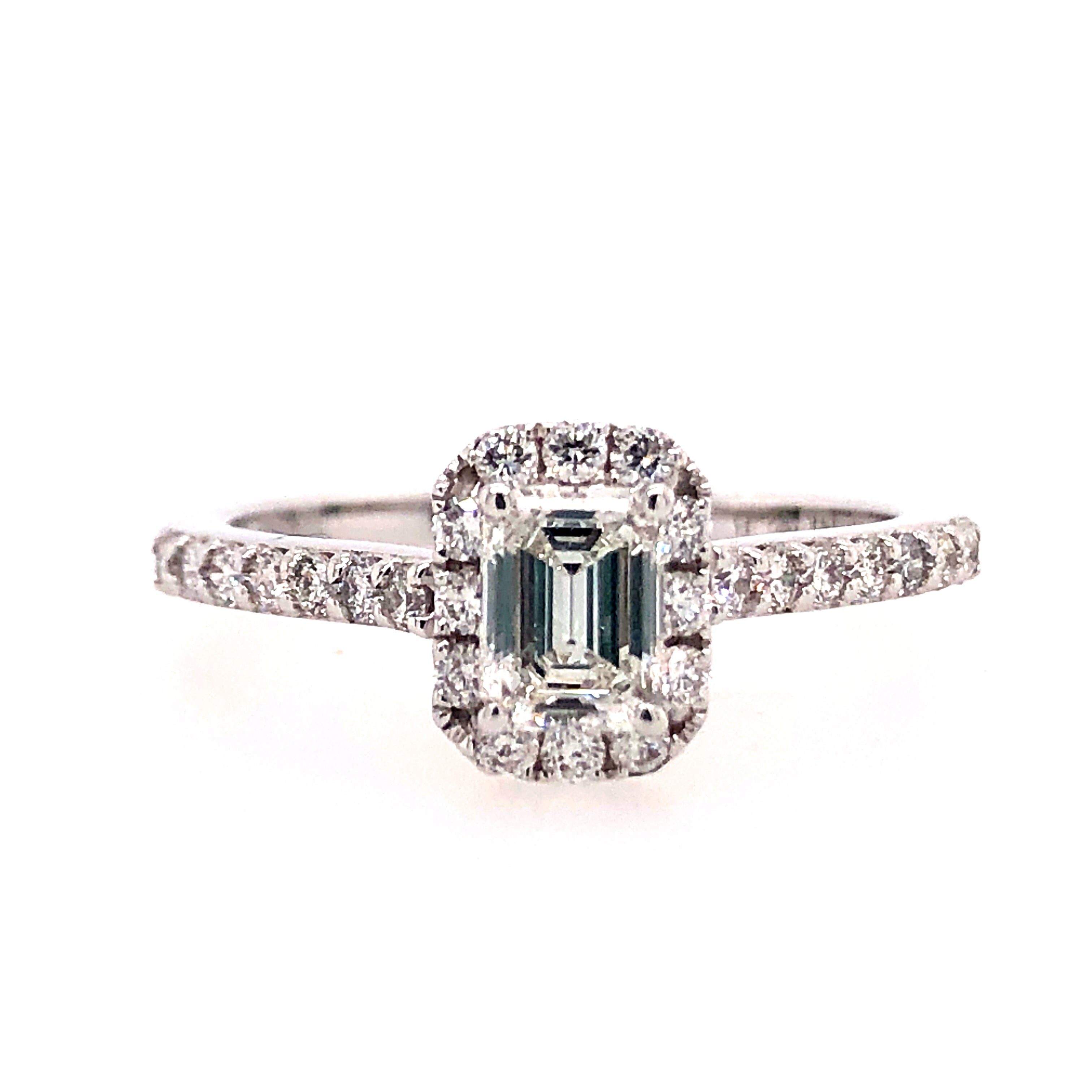 14k White Gold Halo Emerald Lakeshore Diamond Engagement Ring