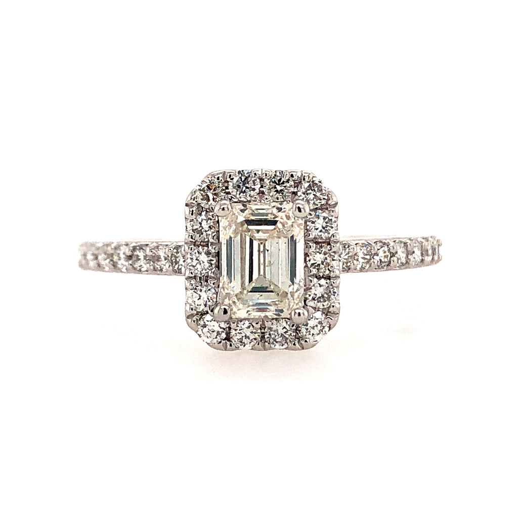 14k White Gold Halo Emerald Cut Lakeshore Diamond Engagement Ring